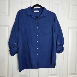 Anne Klein Jeans Womens Gauze Button Up Shirt Estate Blue Large